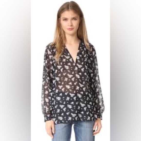 Vince Calico Floral Print Silk Blouse In Coastal Blue - Picture 8 of 16